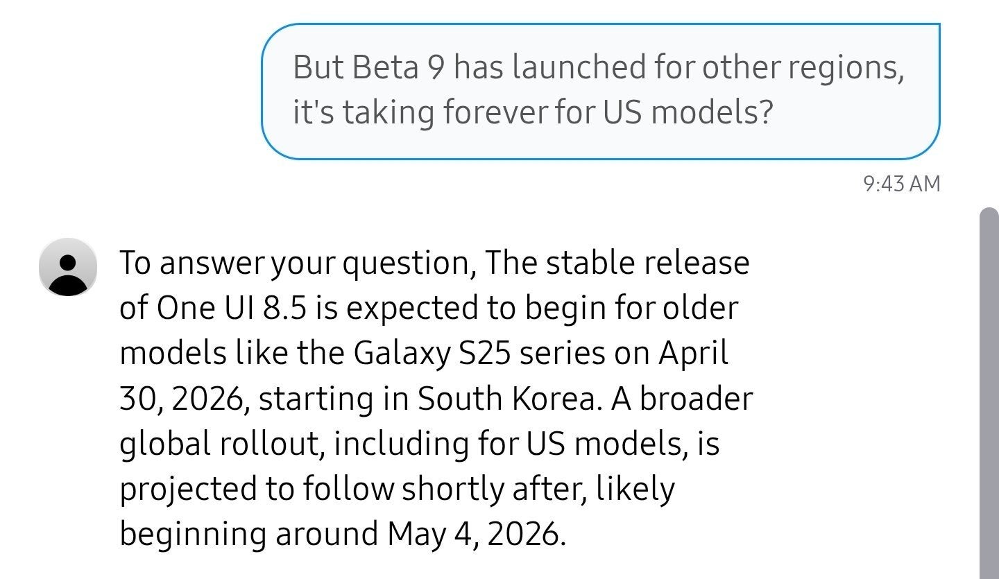 Chat support gives away One UI 8.5 stable release dates