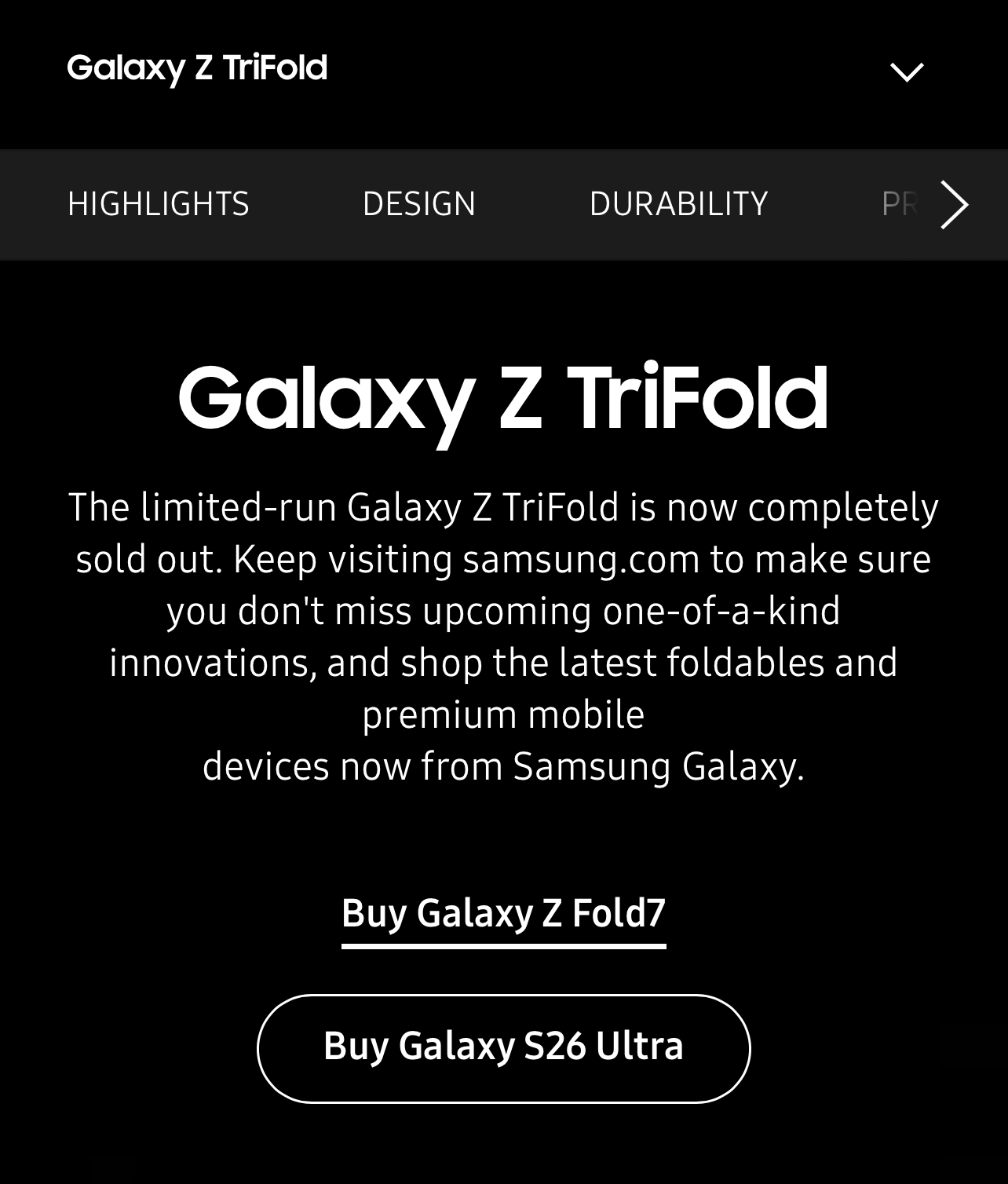 The Galaxy Z TriFold listing on Samsung&rsquo;s website. | Image by Samsung / PhoneArena - The Galaxy Z TriFold is dead, and this time it's for real