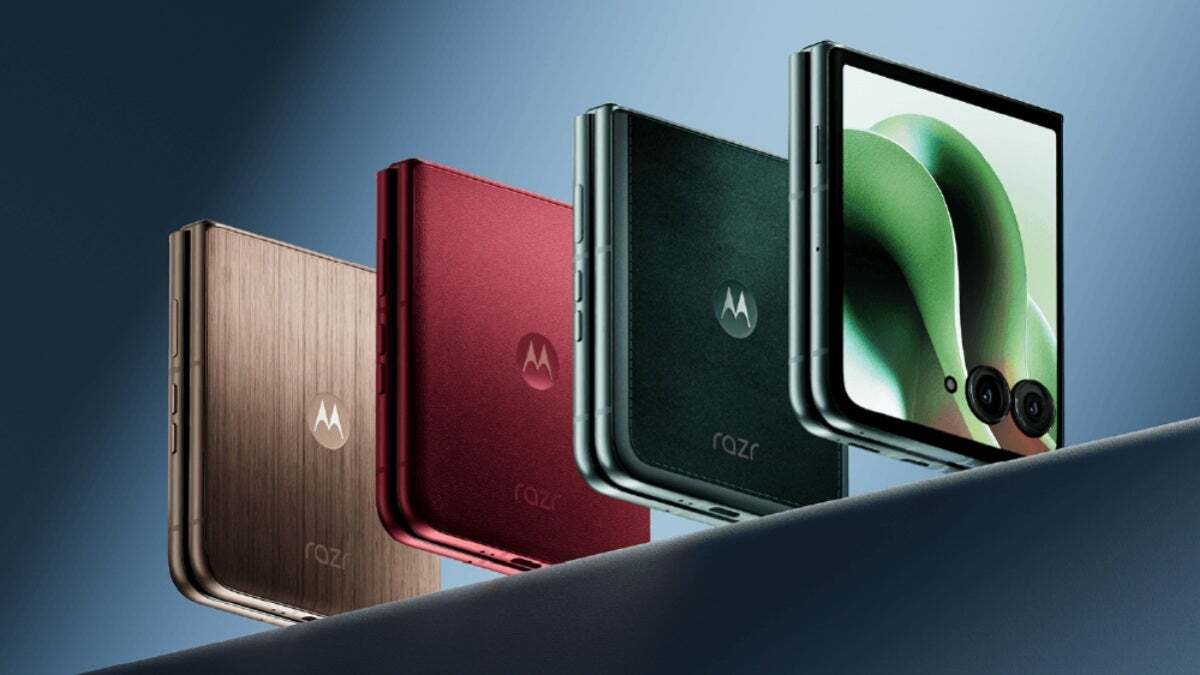 The Motorola Razr+ (2025) lined up in all color options.