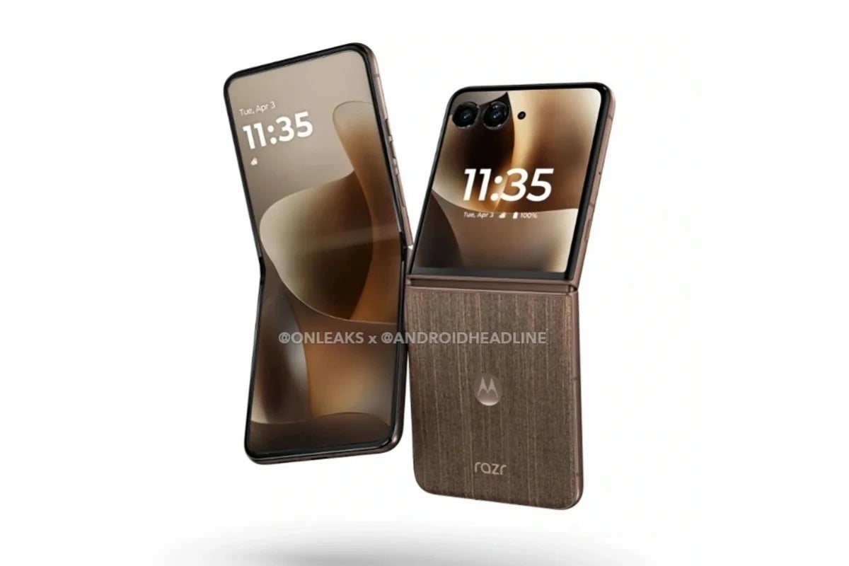 The Razr 70 Ultra (leaked here in a stunning Pantone Cocoa Wood color) will probably be internationally unveiled before the Droid Razr (2026). | Image by AndroidHeadlines - Verizon might be reviving an iconic brand for one of Motorola's 2026 Razr foldables