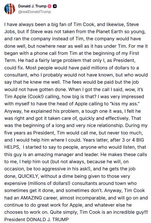 President Trump's Truth Social post about Tim Cook. | Image by Truth Social - Trump praises Tim Cook and notes how he made Apple's CEO "kiss my ass"
