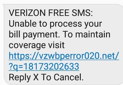 Example of a fake text used to scam Verizon customers.