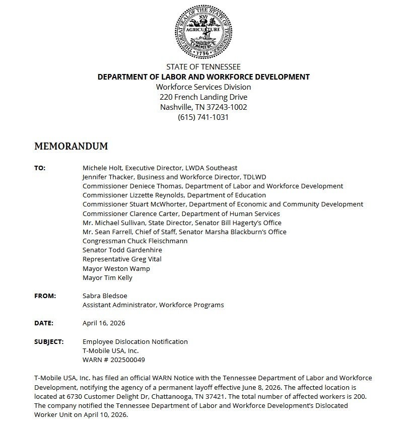 First page of letter referencing T-Mobile&amp;#039;s WARN notice for Tennessee.