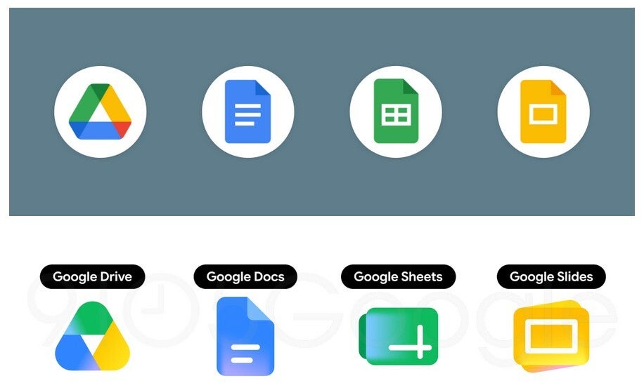Before and after images of some updated Google app icons.