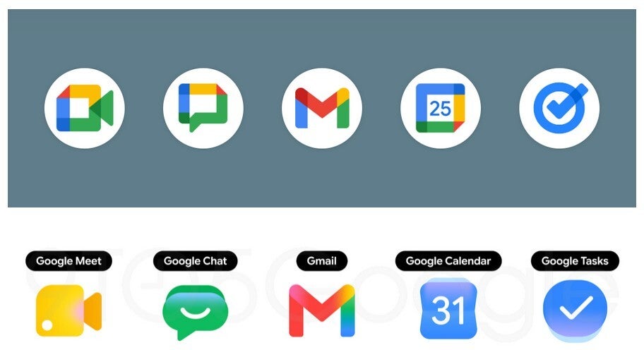  Before and after images of some updated Google app icons.