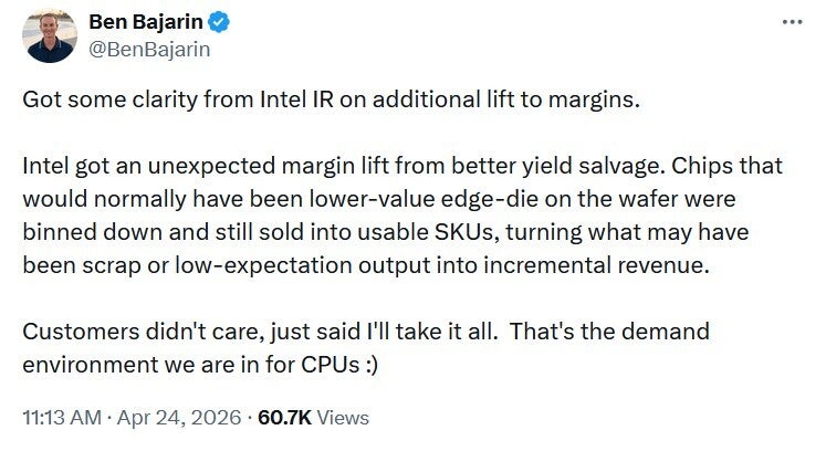 Tweet by analyst explains how Intel beat Q1 expectations. | Image by X - Selling defective edge-die chips pays off for Intel