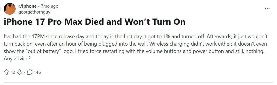 Troubles have begun much sooner than you might have thought. | Image by Reddit - Reports of a persistent iPhone 17 issue keep growing, and it might not be your 'typical' bug