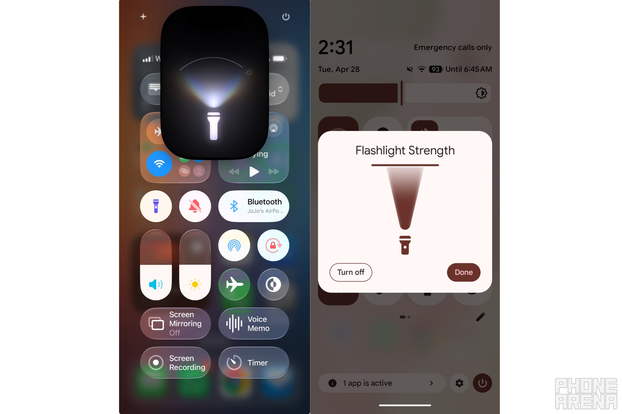 iOS 26 and Android 16 Flashlight Settings