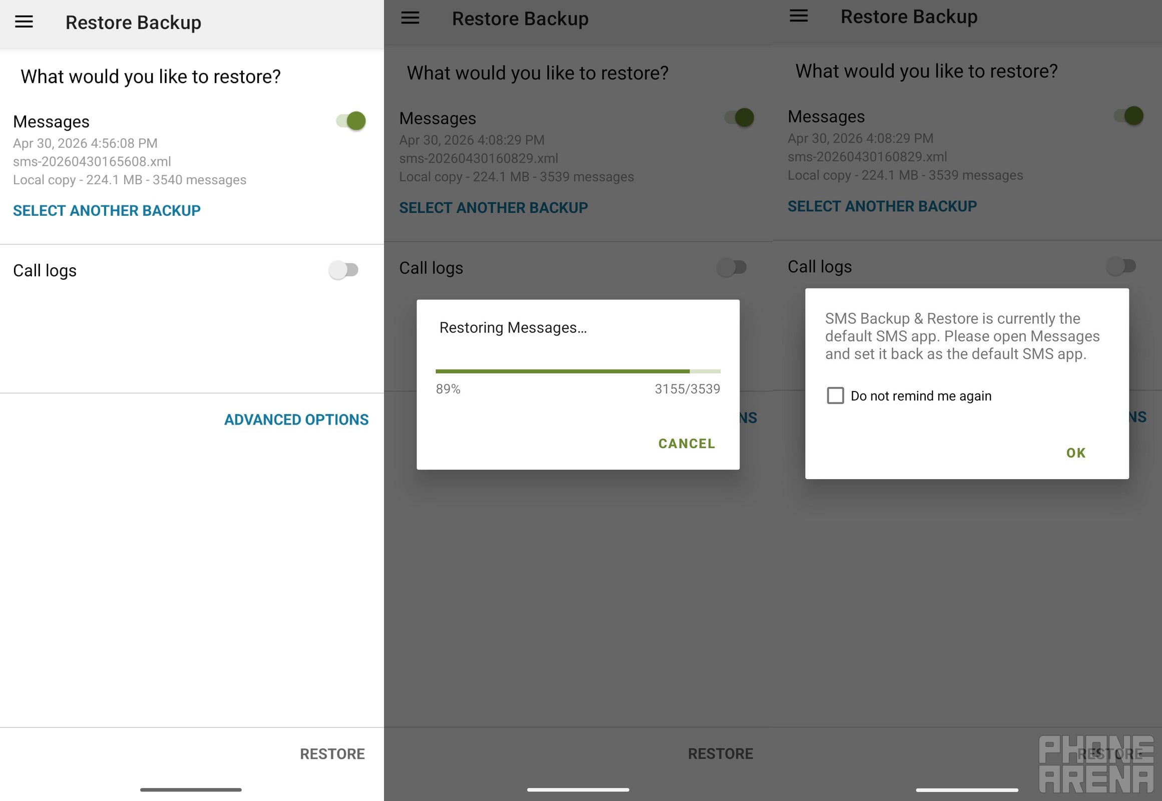 Restoring backup of messages using SMS Backup &amp;amp; Restore app.