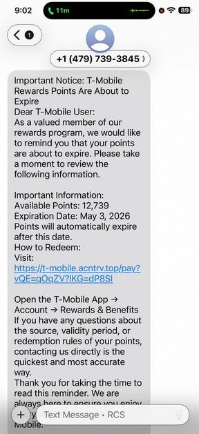 Screenshot of smishing text received by T-Mobile subscriber.