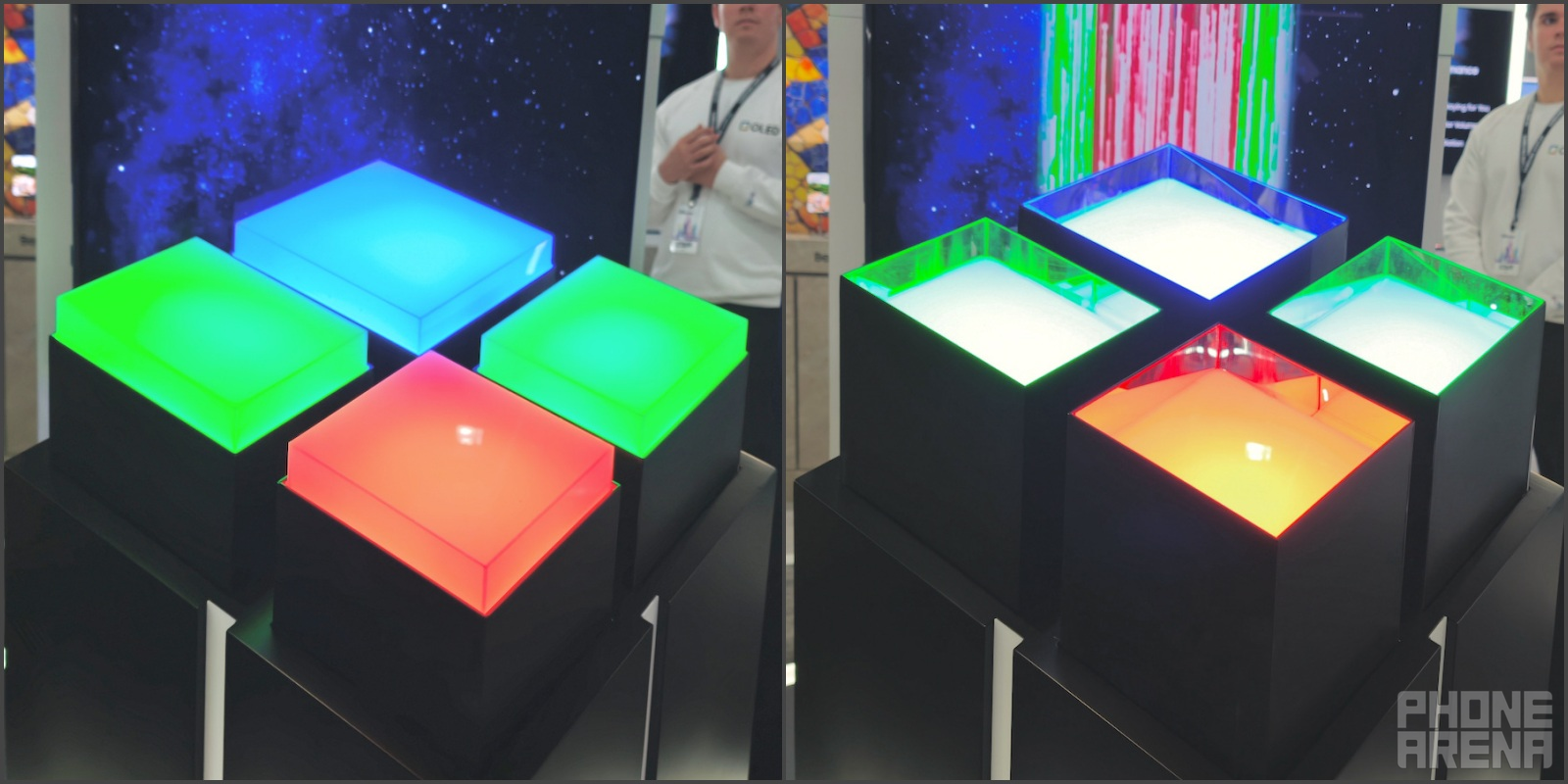 Samsung Display demonstration of how the black grid works at MWC | Image by PhoneArena - Galaxy S26 Ultra Privacy Display proves there&rsquo;s still room for hardware innovation in phones