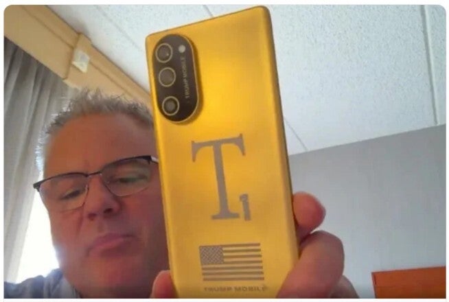 Trump Mobile executive holds up phone on live stream that he claims is the T1 .