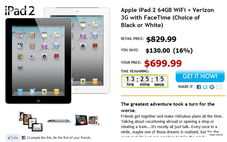 Verizon&#039;s 64GB Apple iPad 2 is on sale for $699.99 today only