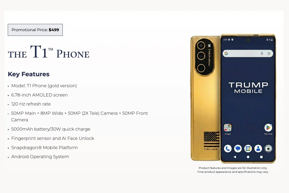 A screenshot of the Trump Mobile website, showing the T1 Phone specs. | Image by Trump Mobile - The Trump T1 Phone may actually start shipping this week