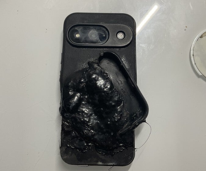 Pixel 9 shows fire damage.