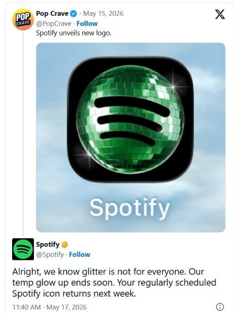 Tweet from Spotify introducing the new, temporary icon.