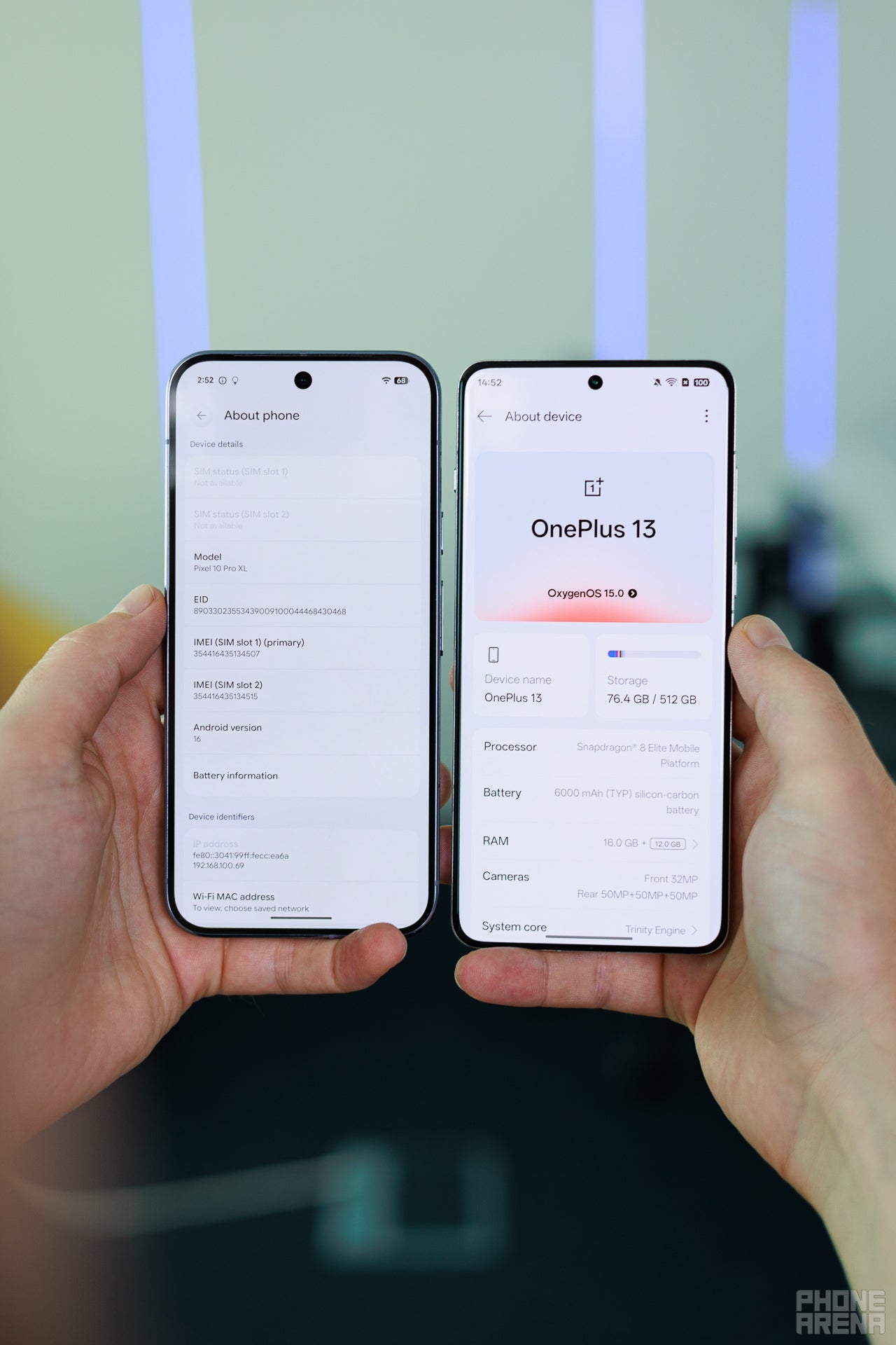 The About Phone window of the Pixel 10 Pro XL and the OnePlus 13.