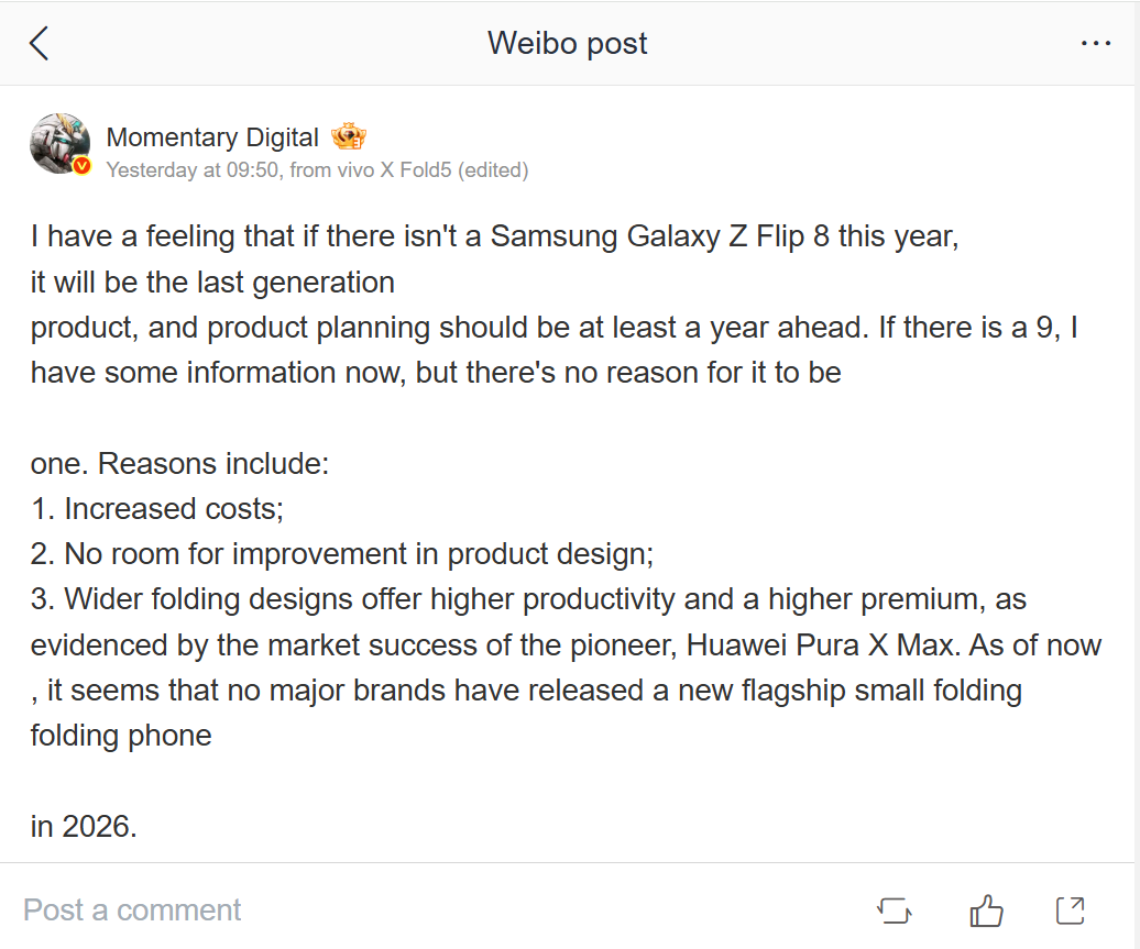 Has Samsung threw in the towel? | Image by Weibo - The Galaxy Z Fold 8 may turn out to be the breaking point