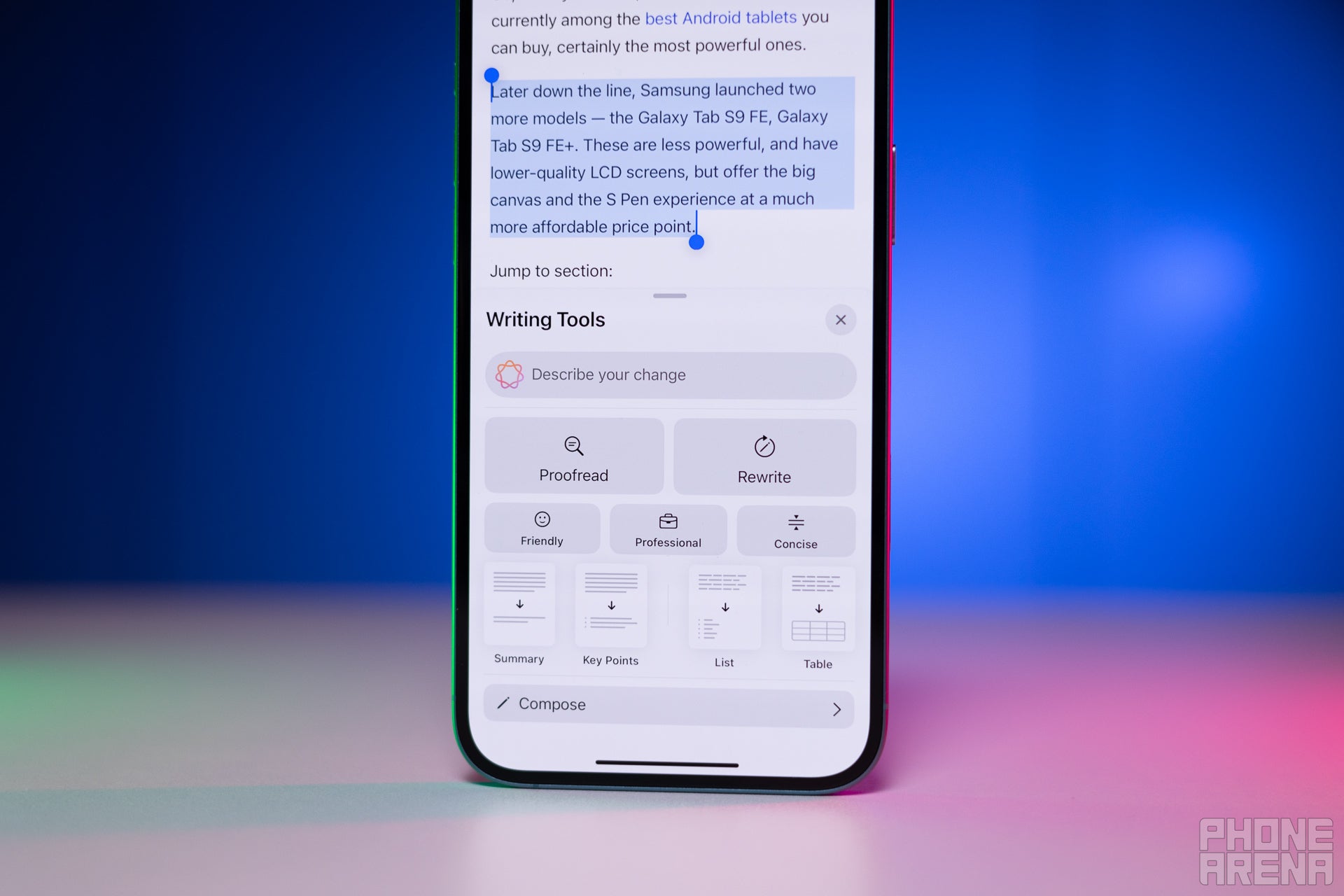 Writing Tools may get extra features. | Image by PhoneArena - Apple plans one change that could turn its most underrated app into the best part of iOS 27