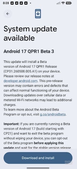 Screenshot of the Android 17 QPR1 Beta 3 notice.