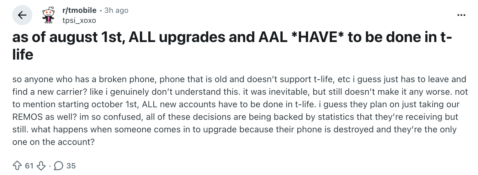 Even more T-Mobile tasks will have to be completed in T-Life from August. | Image by Reddit user tpsi_xoxo - T-Mobile employees dread customer backlash over strict new change