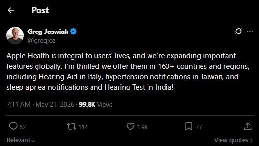 Apple SVP of Marketing, Greg Joswiak on X | Image by X - Apple rolling out life-saving Health features to millions of Watch and AirPods users