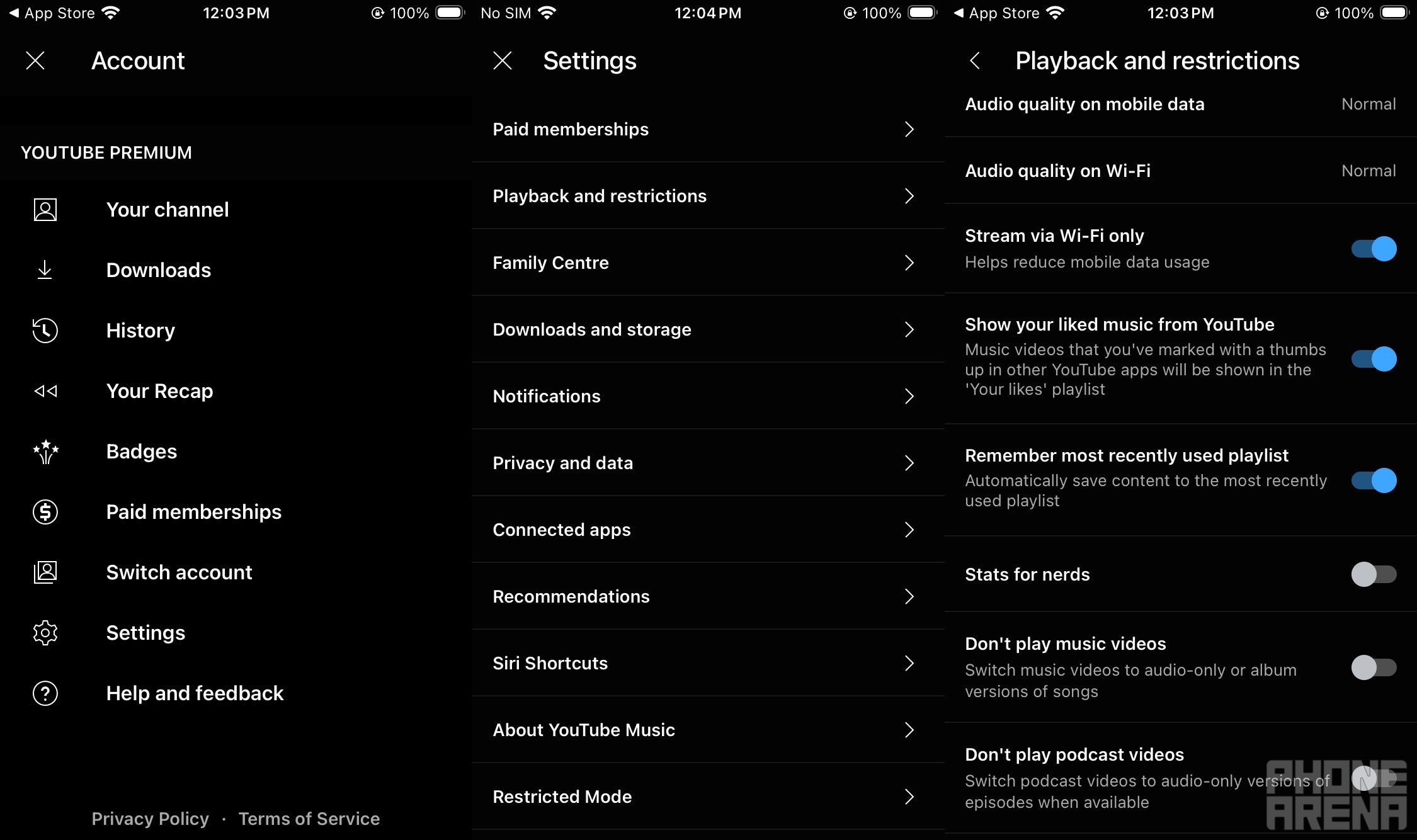 Stream via Wi-Fi only toggle in YouTube Music.
