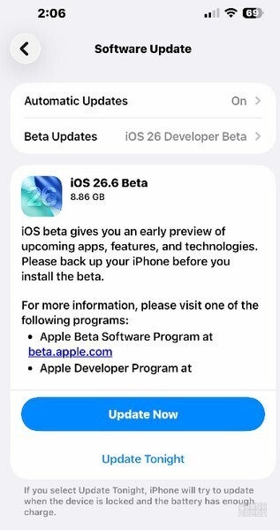 Apple notifies users that iOS 26.6 beta 1 has been released.