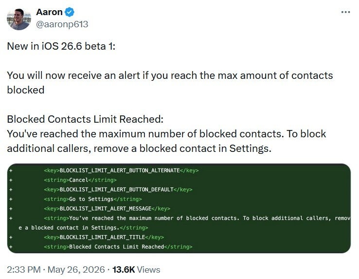 Tweet reveals new feature on first beta of iOS 26.6.