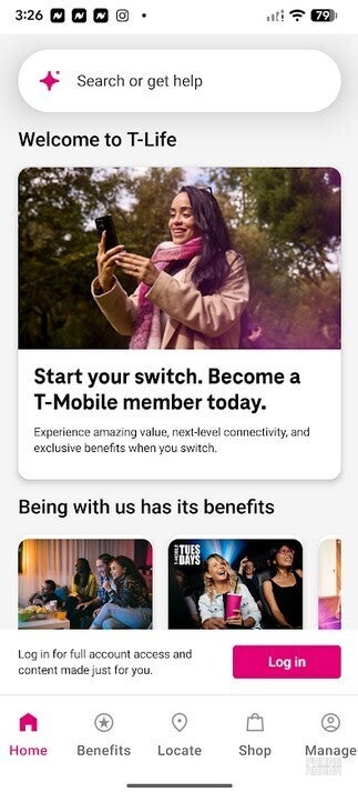 Screenshot of T-Life app.