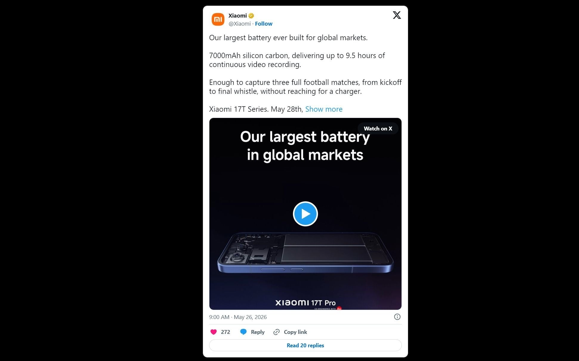 The massive silicon-carbon battery with 7,000 mAh capacity | Image by X - Xiaomi just teased a massive 7,000 mAh phone ready for global debut