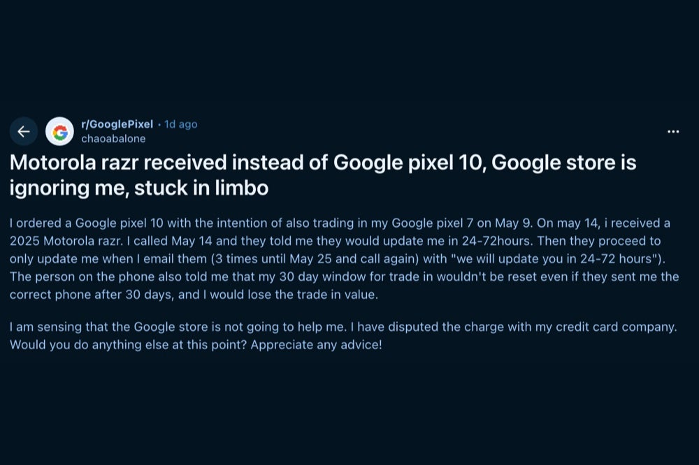 Reddit thread from Pixel 10 buyer