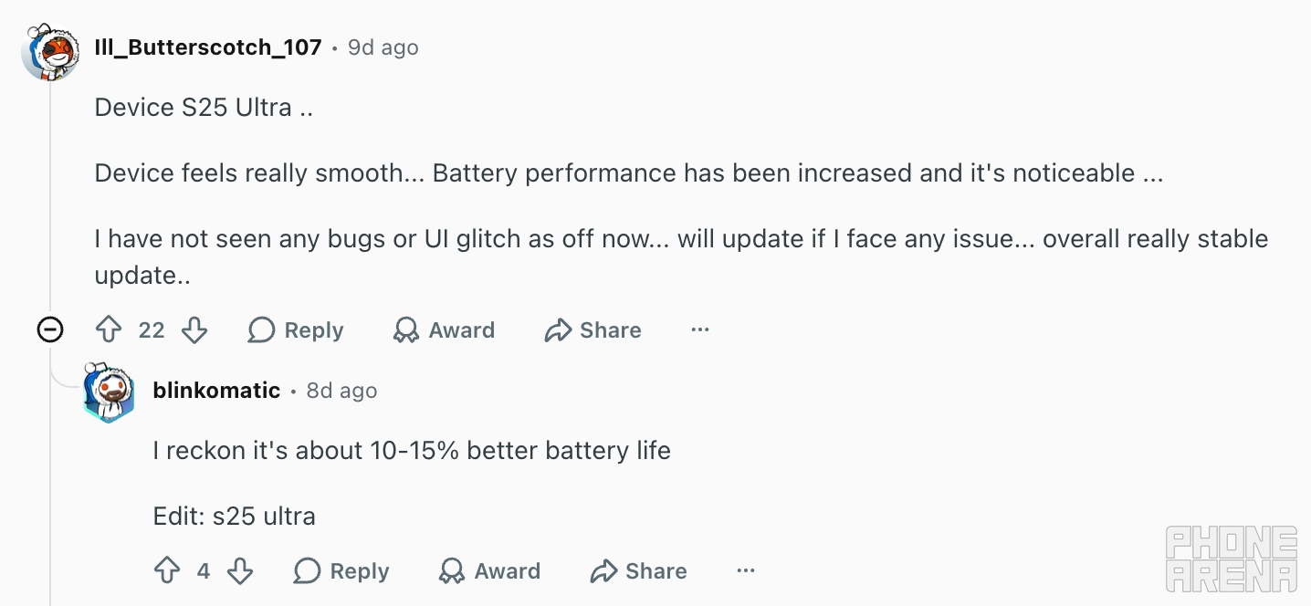 Users on Reddit seem to appreciate the One UI 8.5 update. | Image by PhoneArena (Screenshot - Galaxy S25 may finally start getting some of the best Galaxy S26 features