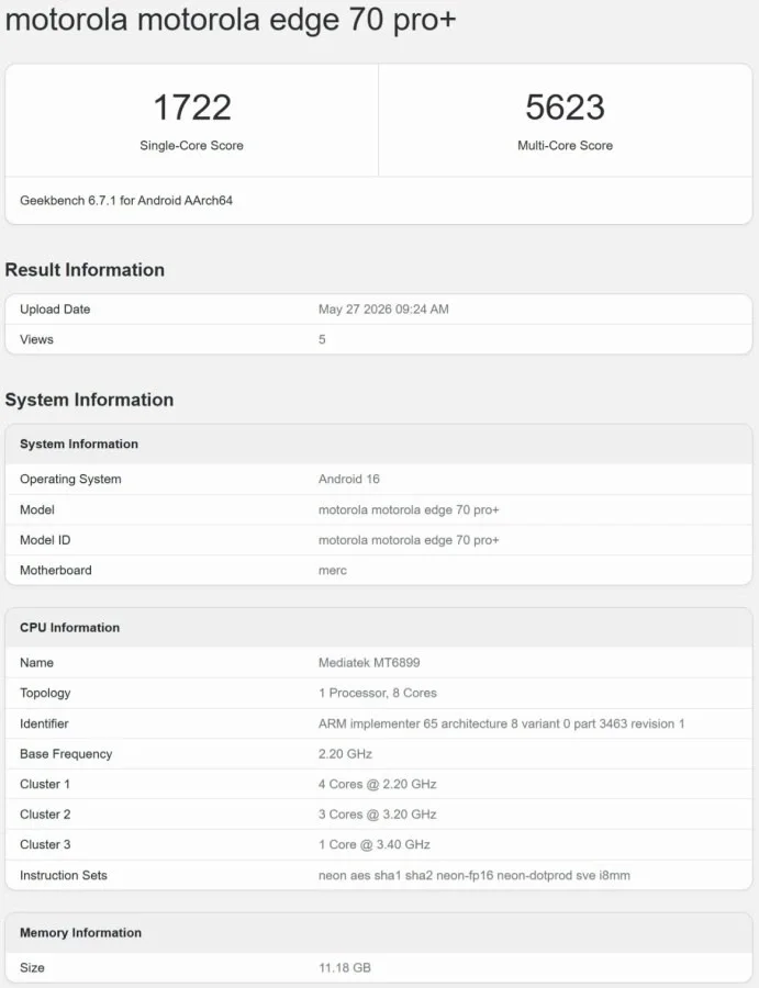 Motorola Edge 70 Pro+ hardware specs leak in Geekbench listings