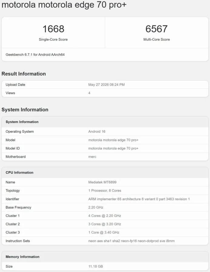 Motorola Edge 70 Pro+ hardware specs leak in Geekbench listings