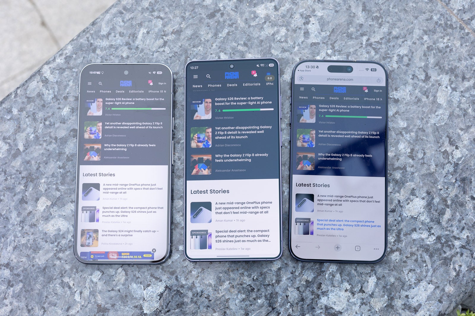The Galaxy S26 Ultra (center) next to the Pixel 10 Pro XL (left) and the iPhone 17 Pro Max (right) | Image by PhoneArena - The Galaxy S26 Ultra is ahead of the competition in our outdoor visibility test