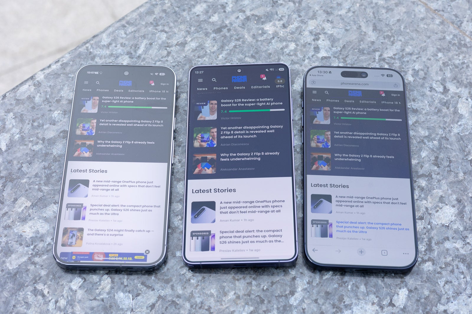 The difference in brightness becomes clearly visible at approximately 15 degrees. | Image by PhoneArena - The Galaxy S26 Ultra is ahead of the competition in our outdoor visibility test