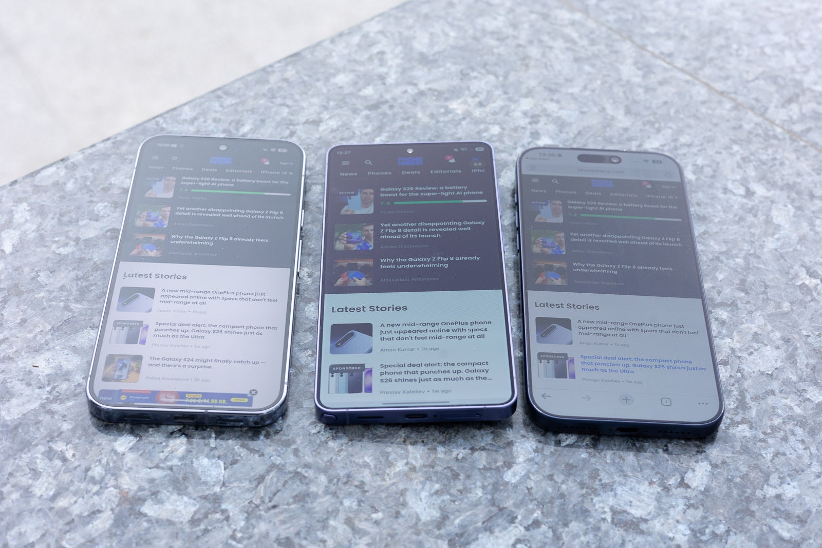 At approximately 45 degrees, the Pixel 10 Pro XL and the iPhone 17 Pro Max become quite hard to read too. | Image by PhoneArena - The Galaxy S26 Ultra is ahead of the competition in our outdoor visibility test