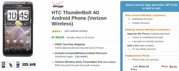 Finally, the HTC ThunderBolt reaches that familiar $0.01 on-contract pricing with Amazon