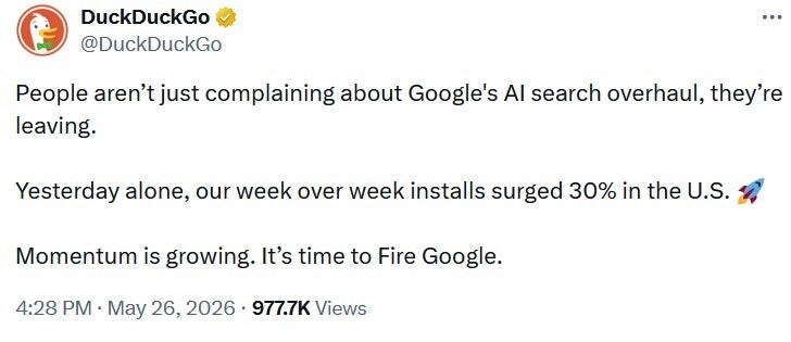 Tweet from DuckDuck Go.