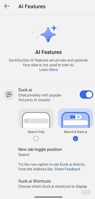 Screenshot from the DuckDuckGo app shows you how to disable the AI features.