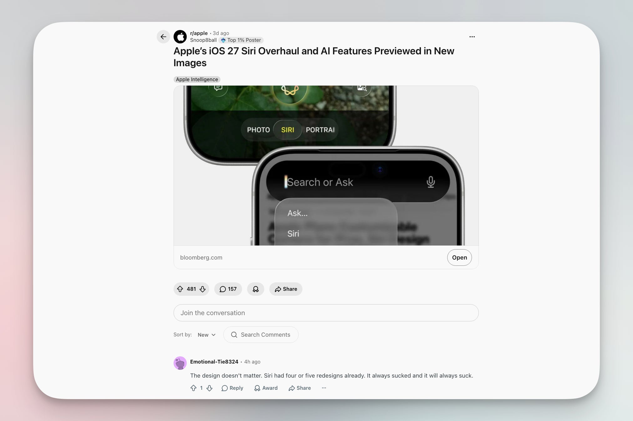 Reddit thread showing not everyone is sold on the redesigned Siri