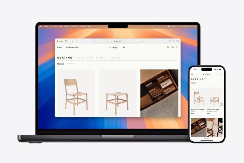 A MacBook and iPhone showing the same page kept in sync through iCloud