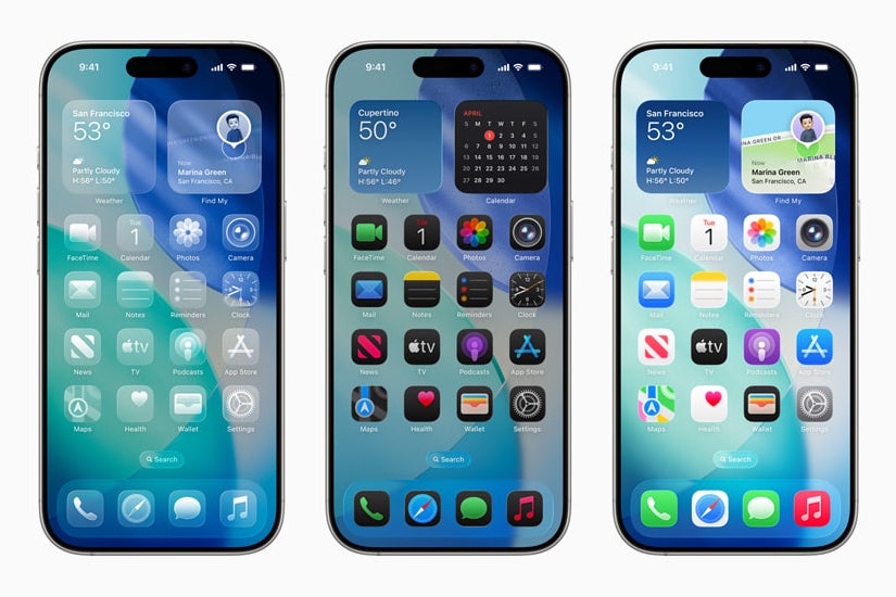 Three iPhones showing the Liquid Glass Home Screen and Lock Screen design.