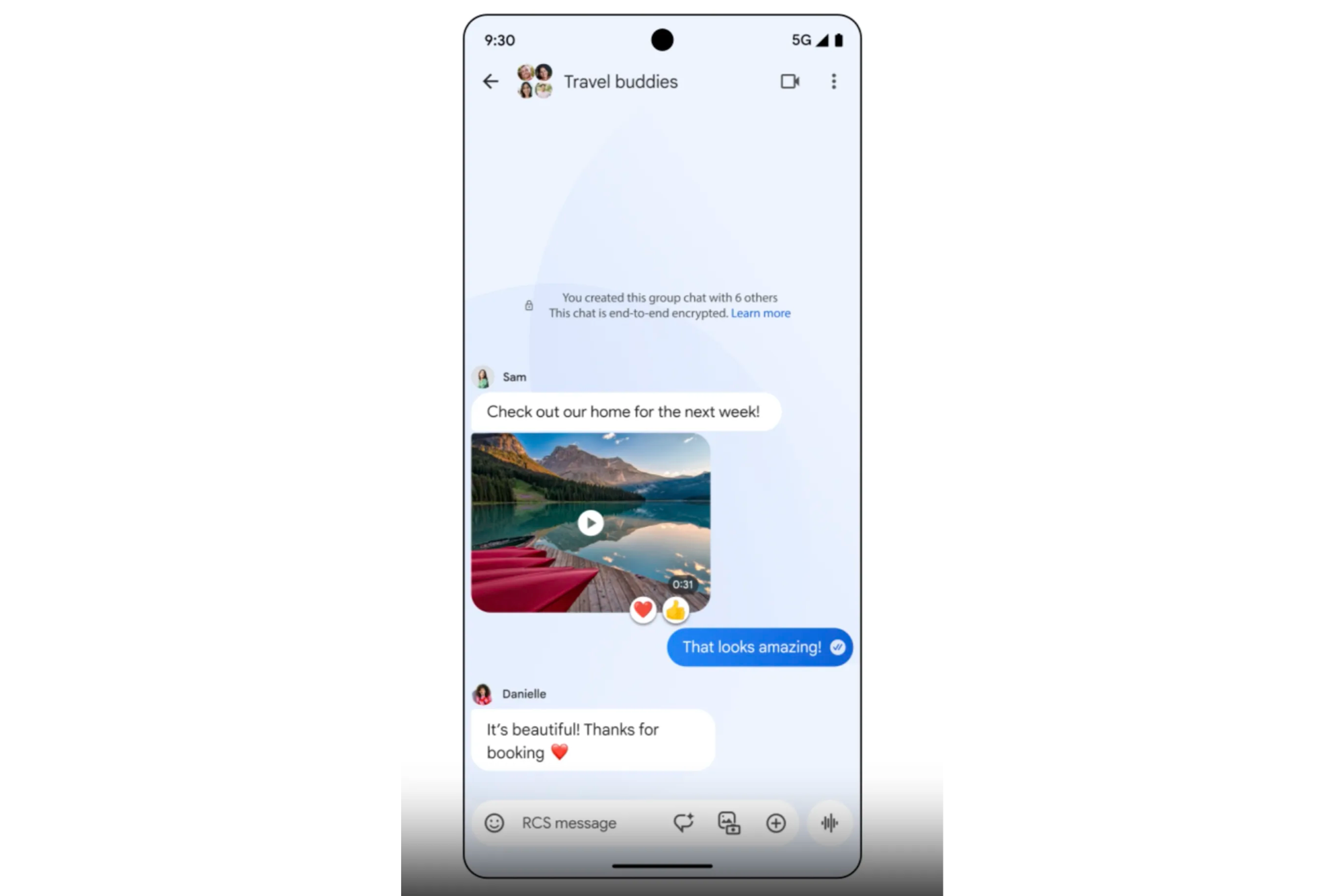 Google Messages interface showing typing indicators and read receipts on a chat screen.