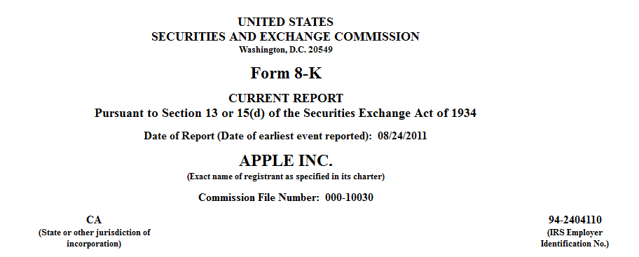 This SEC Form 8K, filed by Apple, details the 1 million share grant to new CEO Tim Cook - Apple&#039;s board grants new CEO Tim Cook 1 million shares to lock him up until 2021