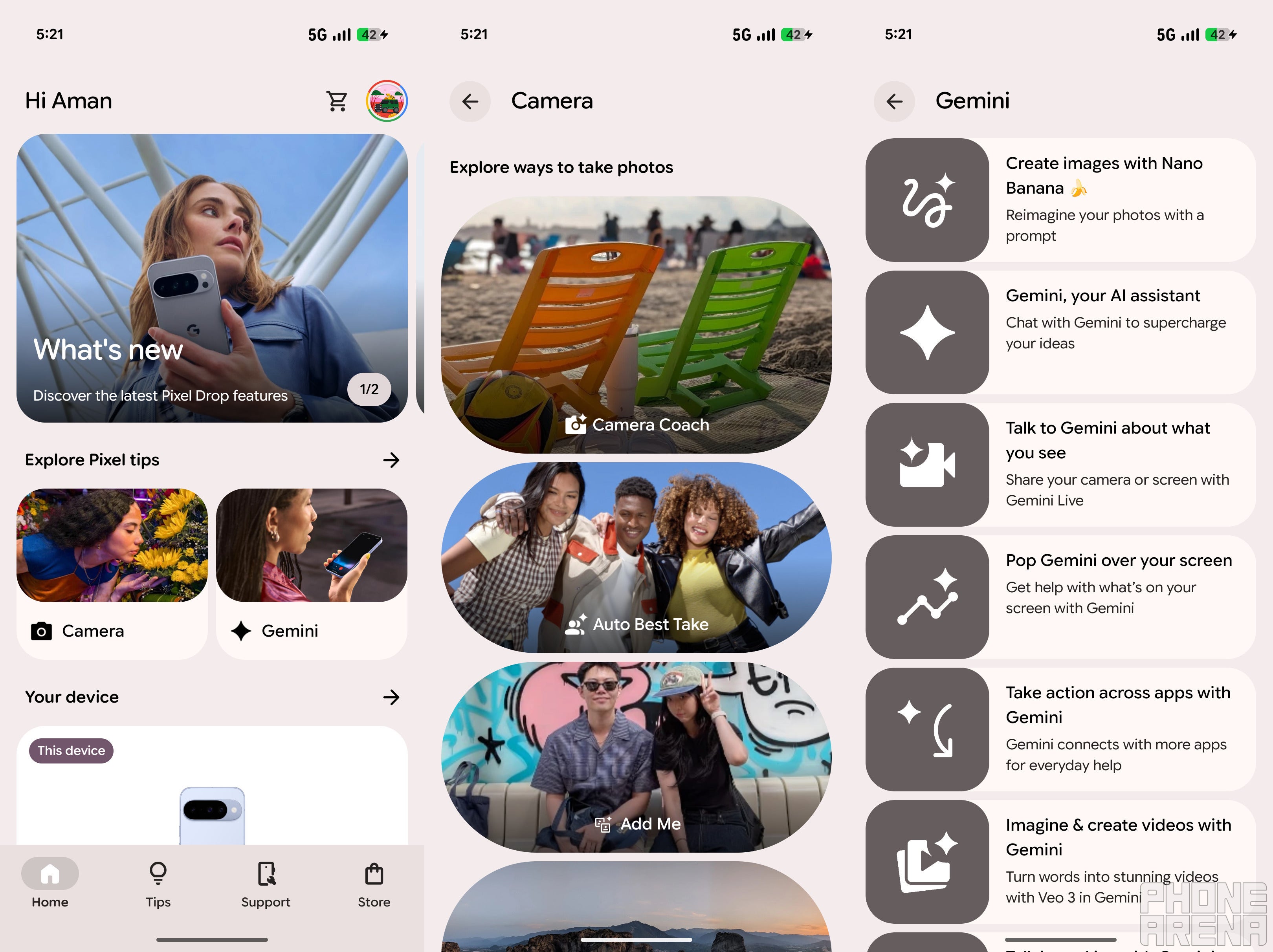 Different categories of the My Pixel app.