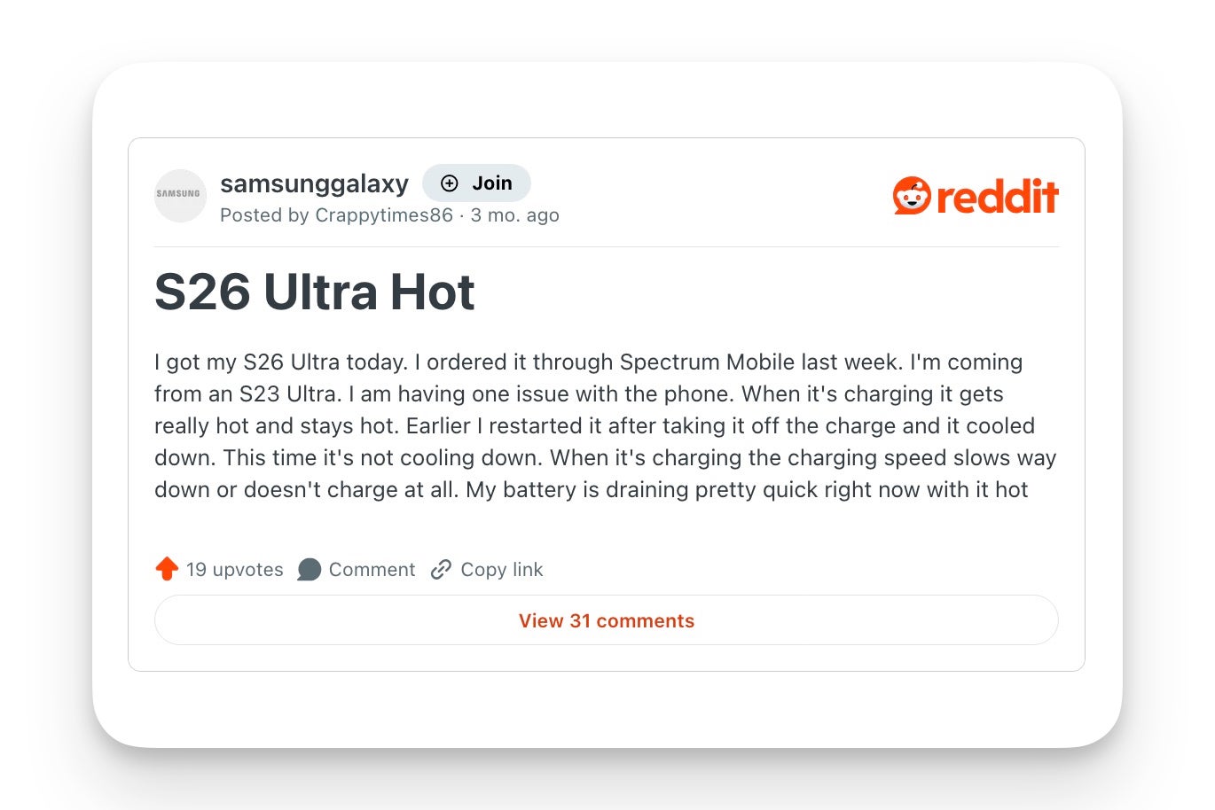 Reddit thread from an S26 Ultra owner reporting overheating and battery drain while charging