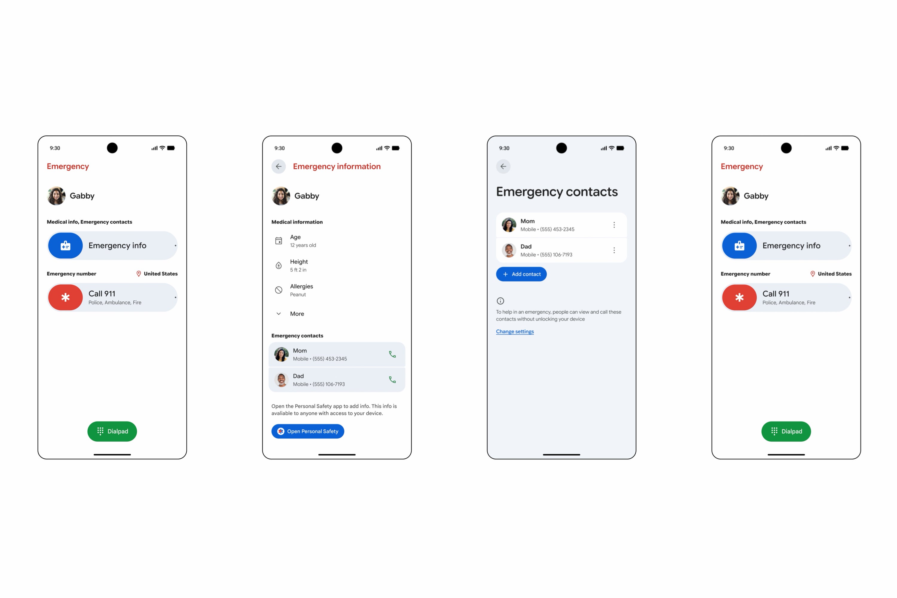 Four Android Personal Safety app screens for a child profile showing emergency info, medical information including age and allergies, and emergency contacts for Mom and Dad accessible from the lock screen.
