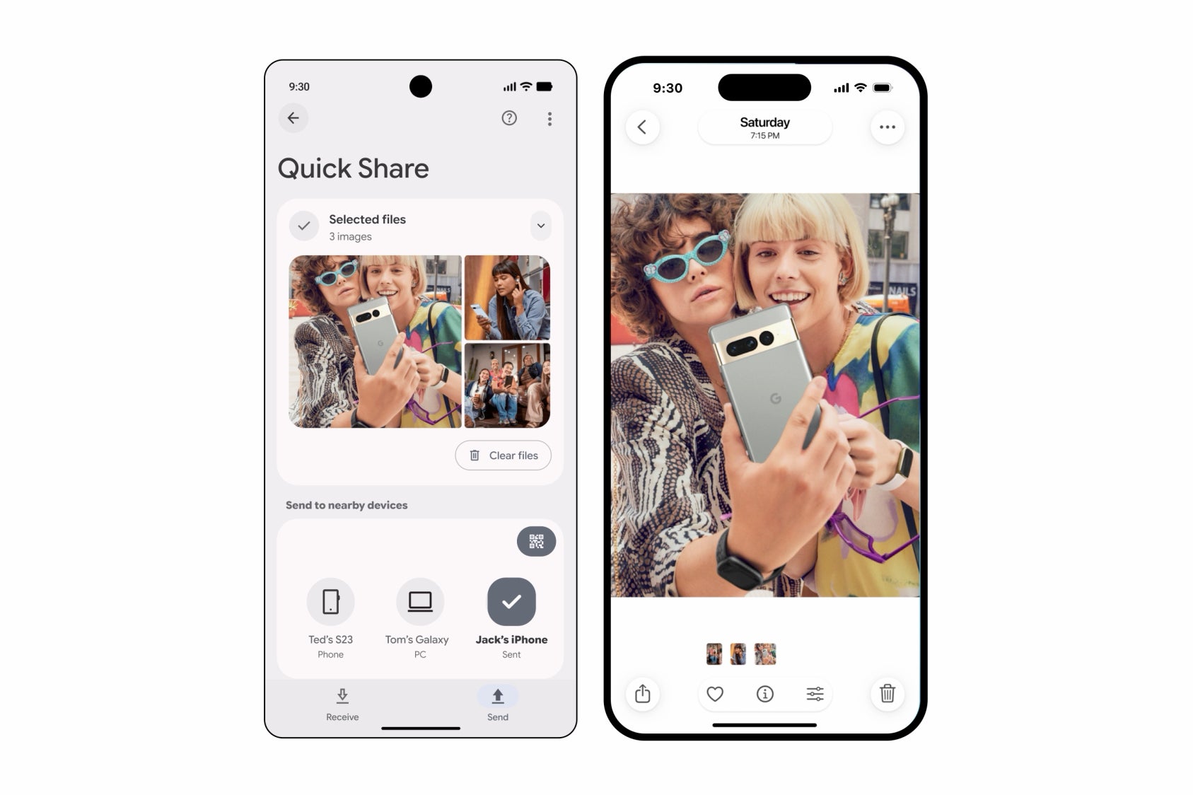 Two phones side by side, an Android showing the Quick Share screen sending three images to &amp;quot;Jack&amp;#039;s iPhone,&amp;quot; and an iPhone displaying the received photos.